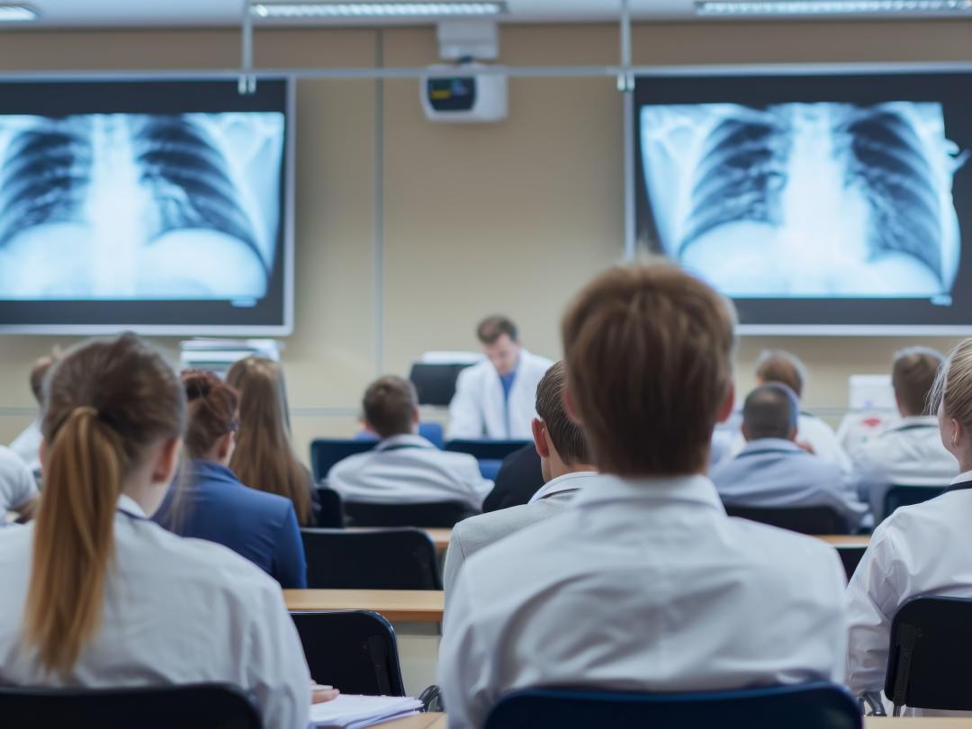 Students sitting in white lab coats in a classroom looking at an X-ray