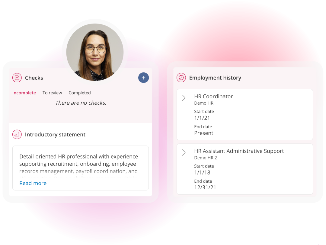 Candidate profile view displaying employment history, screening checks, and applicant information within an applicant tracking system