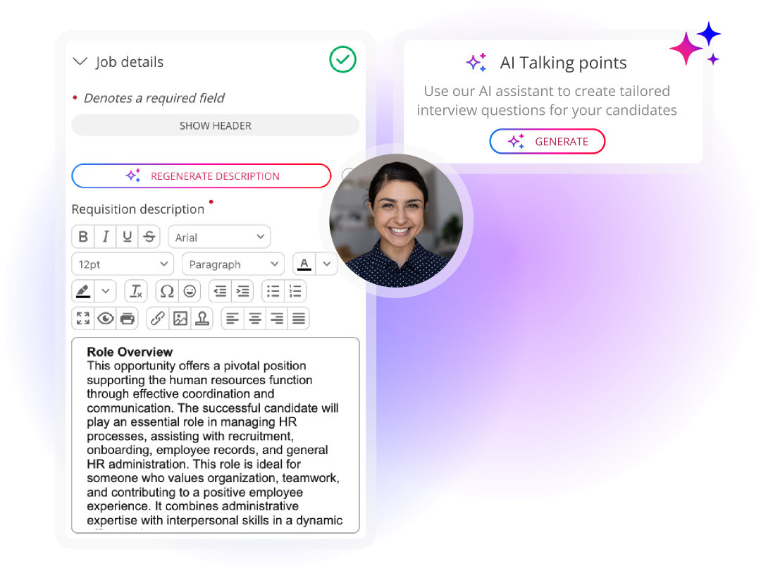 AI-powered recruitment software generating job descriptions and tailored interview questions to support faster hiring decisions