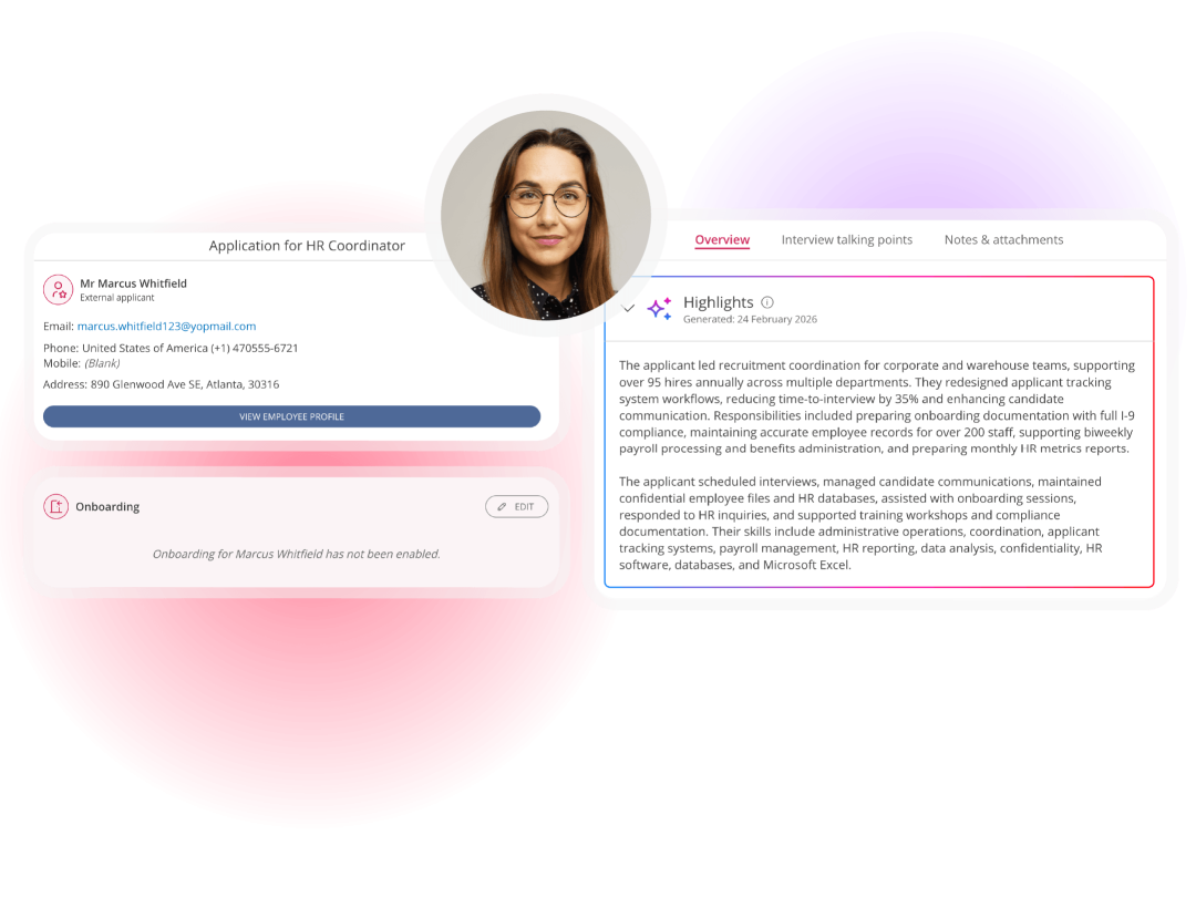 Candidate screening dashboard showing applicant details, onboarding status and AI-generated recruitment insights
