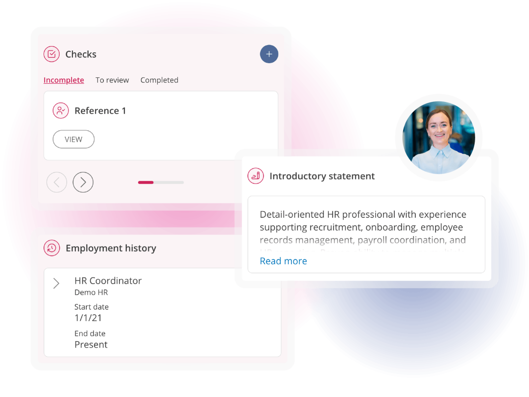 Candidate screening dashboard with references and employment history
