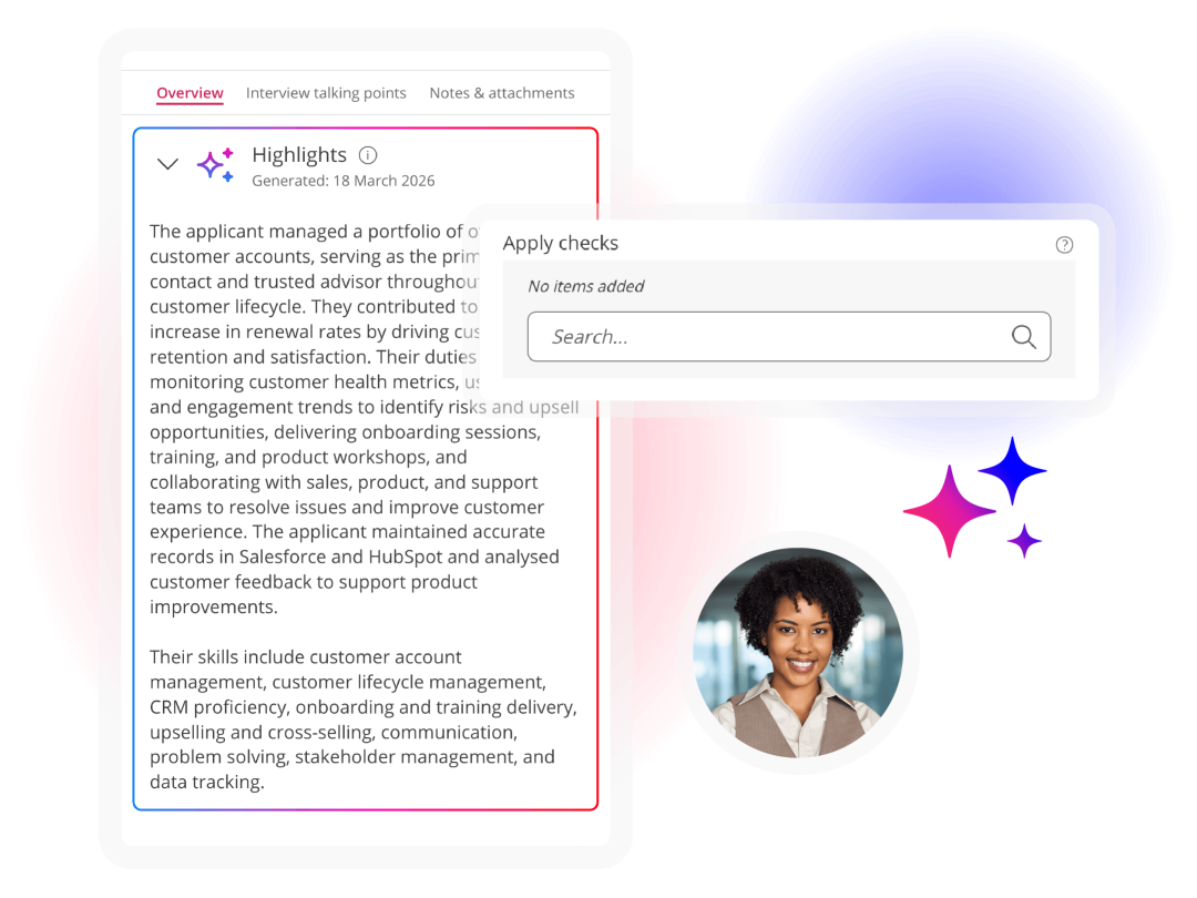 Candidate screening interface showing applicant highlights and background check selection options