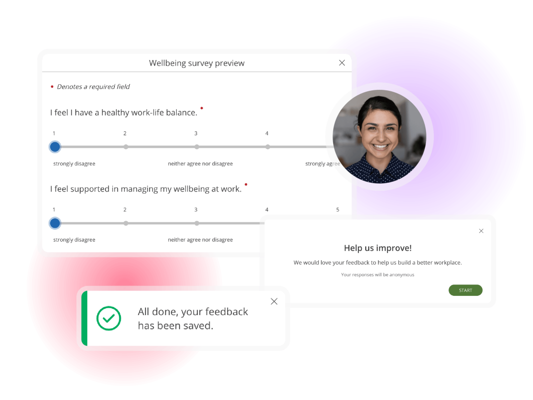 Employee survey management dashboard for creating, scheduling, and managing engagement and wellbeing surveys
