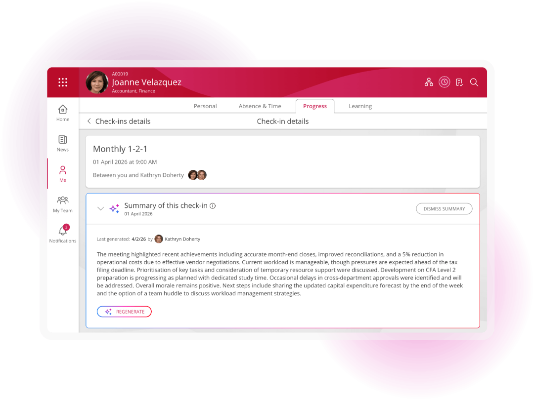 Employee performance dashboard displaying check-ins, goals, and performance ratings