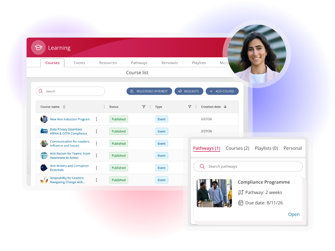 Learning management system displaying course catalogs, learning pathways, and employee training resources