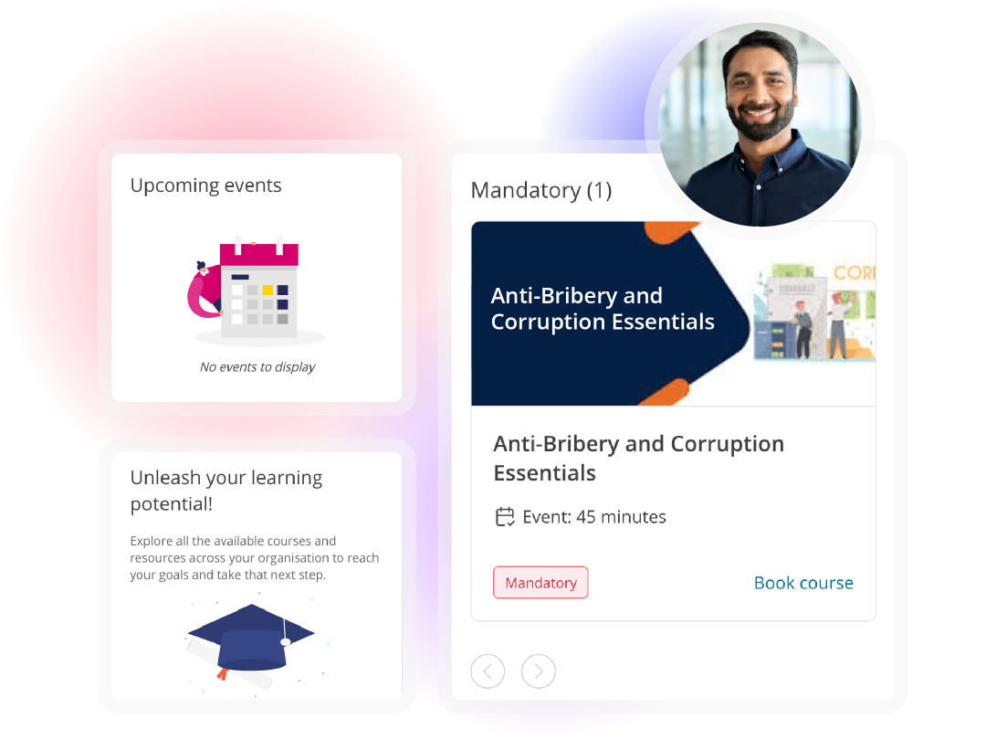 Employee learning dashboard featuring mandatory training, upcoming learning activities, and course enrollment options