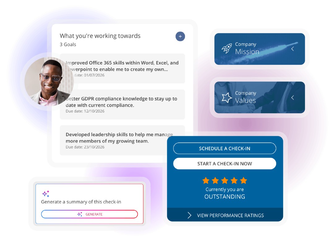 Performance management platform with goals, check-ins, ratings, and AI-assisted summaries