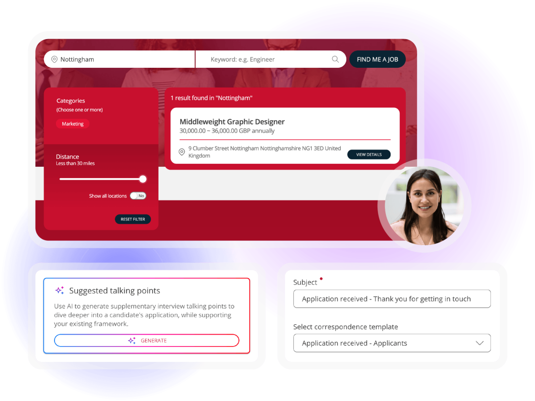 Recruitment software displaying job listings, candidate communication tools and AI-generated interview talking points
