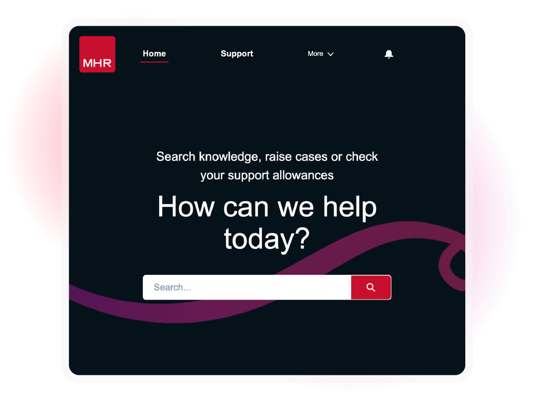 MHR support portal with a search function for knowledge and support resources