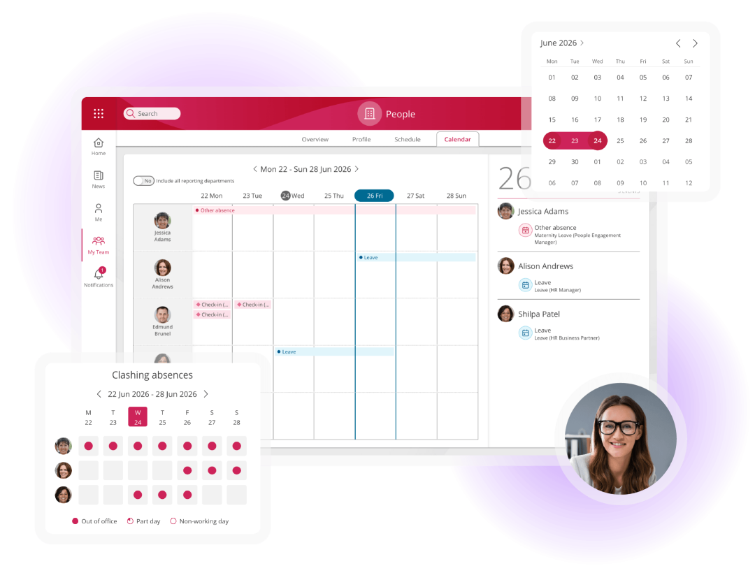 View of the absence calendar with team schedules, absence details, date picker and clash detection to support workforce planning