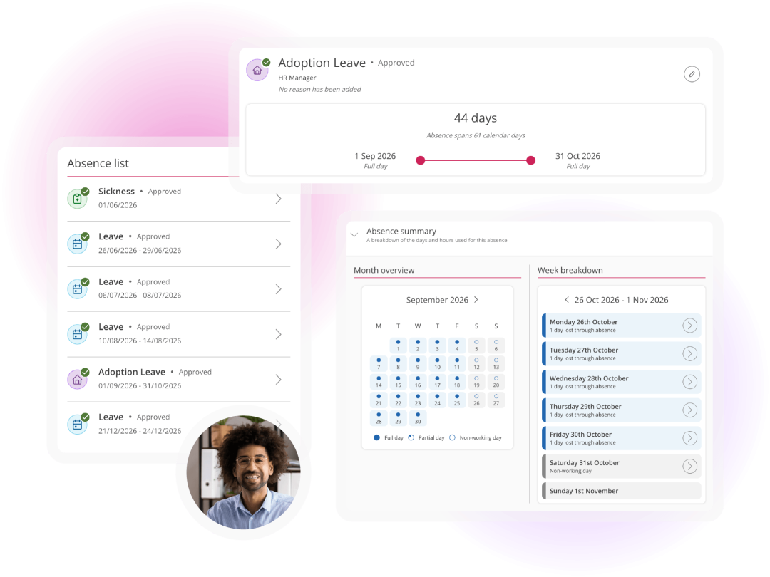 Absence management screens showing an employee's absence history, approved leave details and a summary of days and hours taken