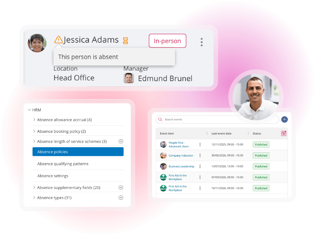 Absence management features including employee absence status, absence policy configuration and learning events to support workforce administration
