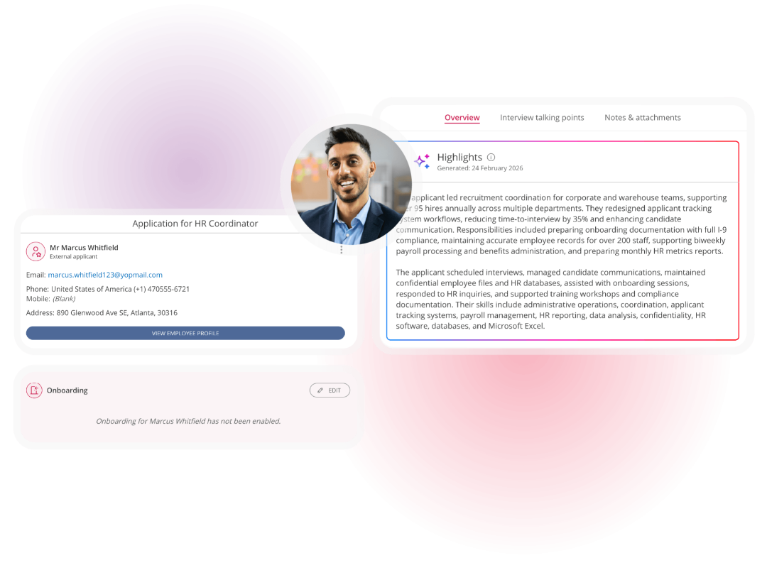 Background screening dashboard showing an applicant profile with AI-generated candidate highlights to support hiring decisions