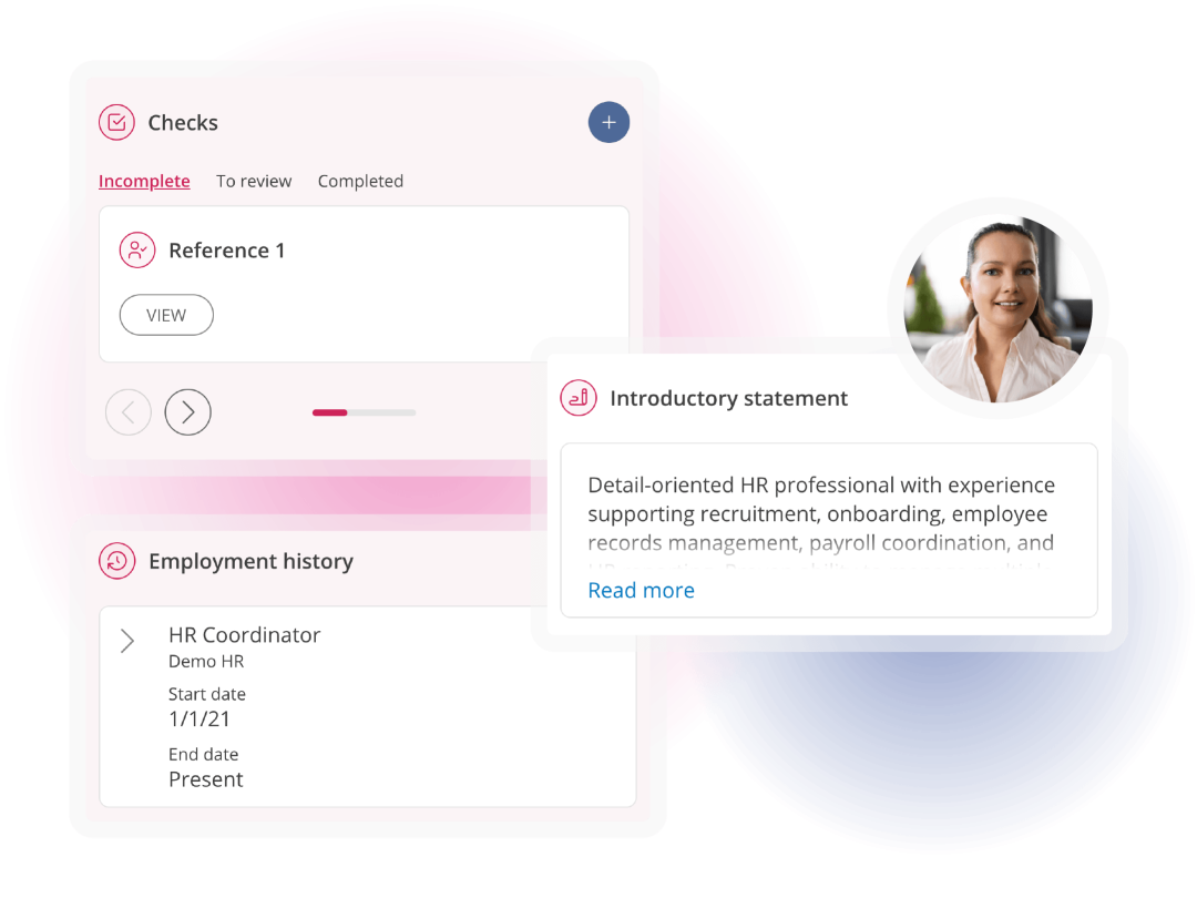 Background screening interface displaying reference checks, employment history and candidate profile information