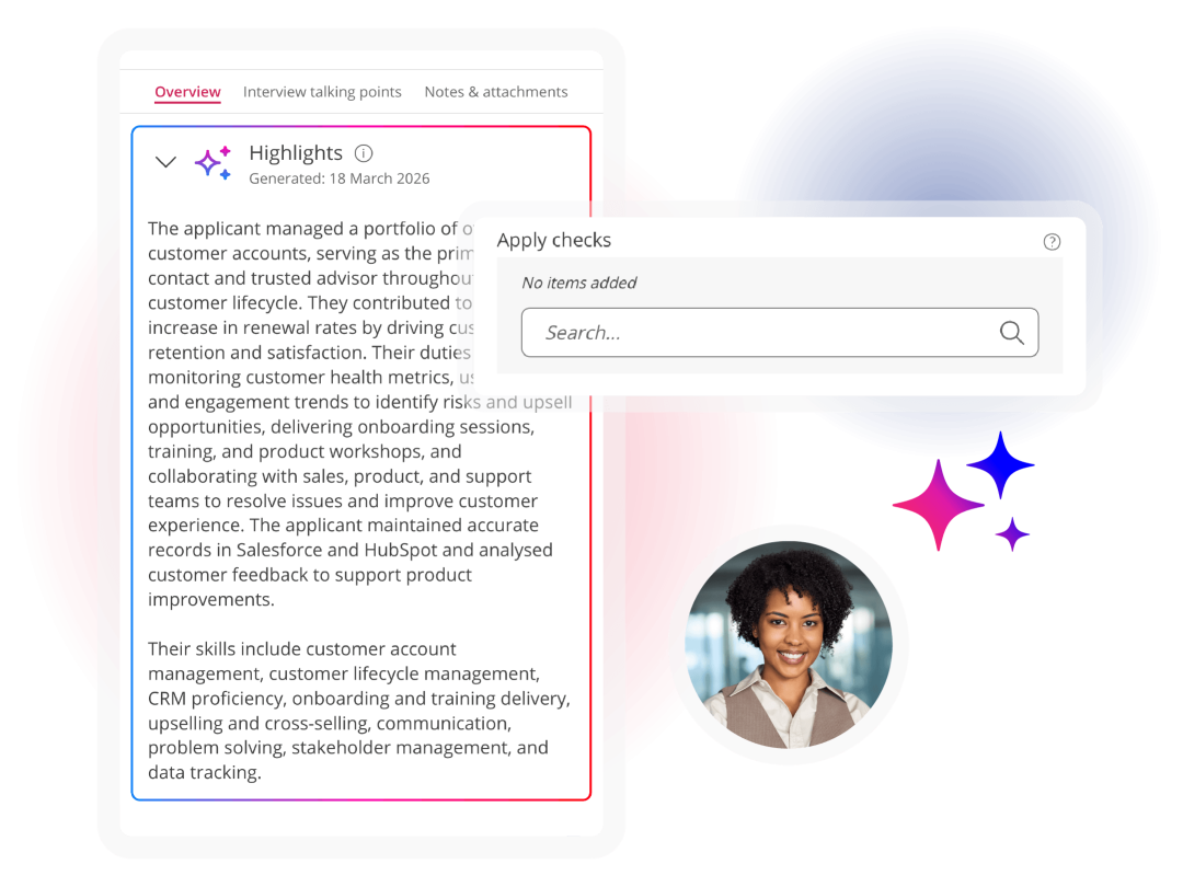Background screening screen showing AI-generated candidate highlights alongside a panel for selecting background checks