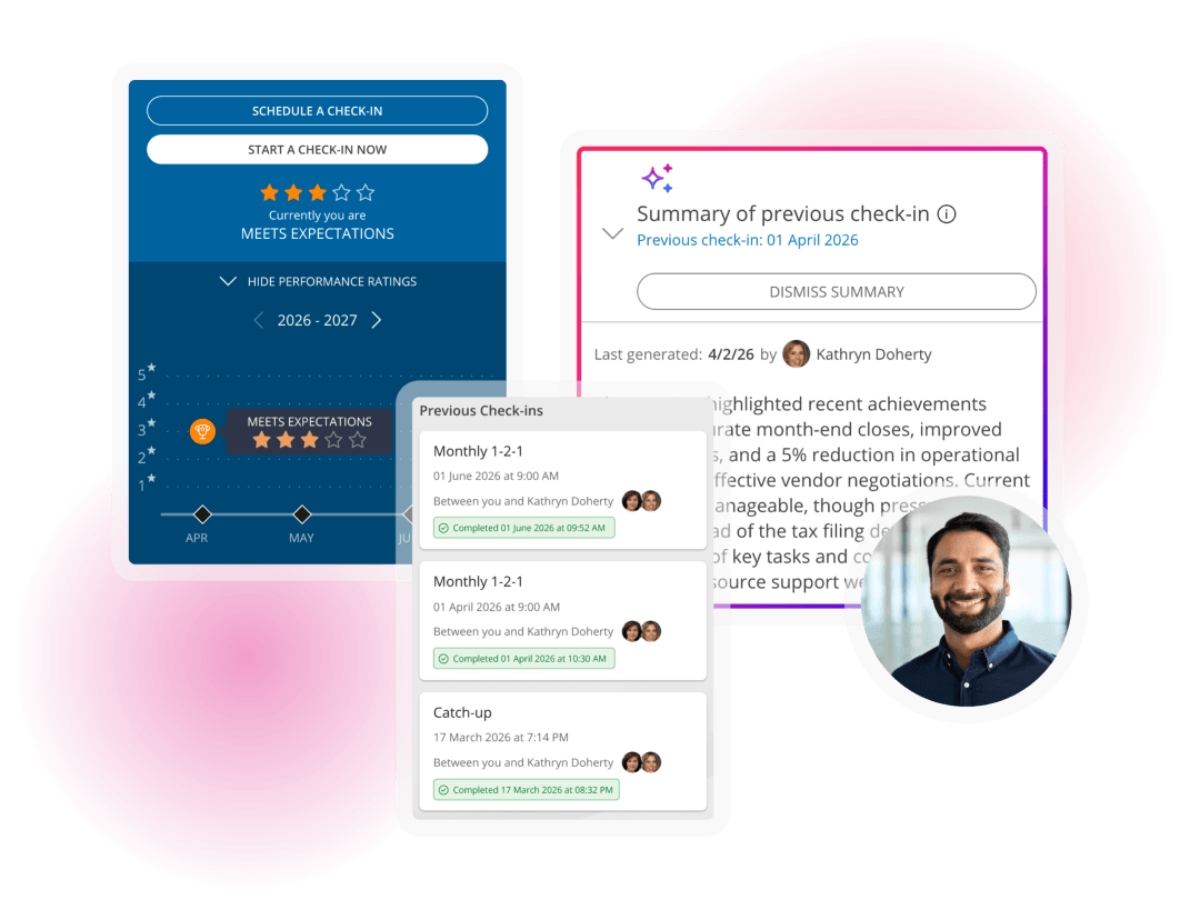 Performance management dashboard showing employee check-ins, performance ratings, meeting history, and AI-generated summaries of previous conversations