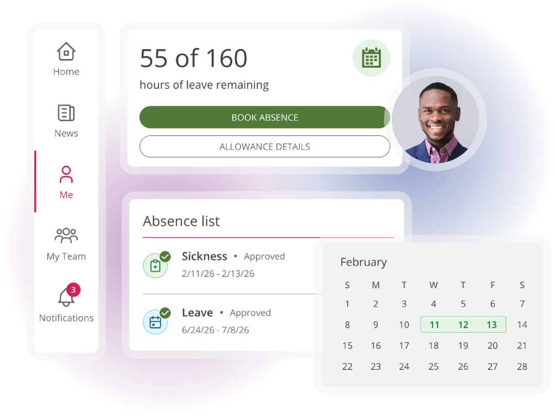 Employee self-service dashboard showing remaining annual leave, absence booking, approved absences and a calendar for managing time off