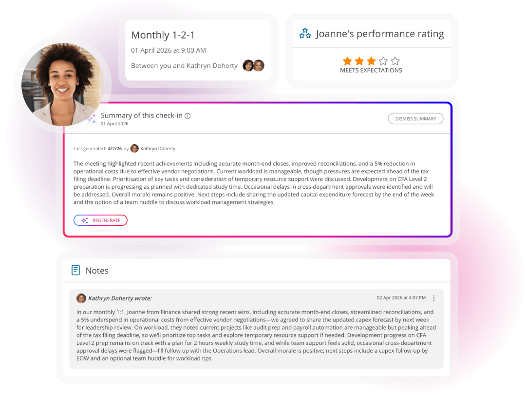 Performance management screen showing a scheduled one-to-one meeting, performance rating, AI-generated meeting summary and manager notes