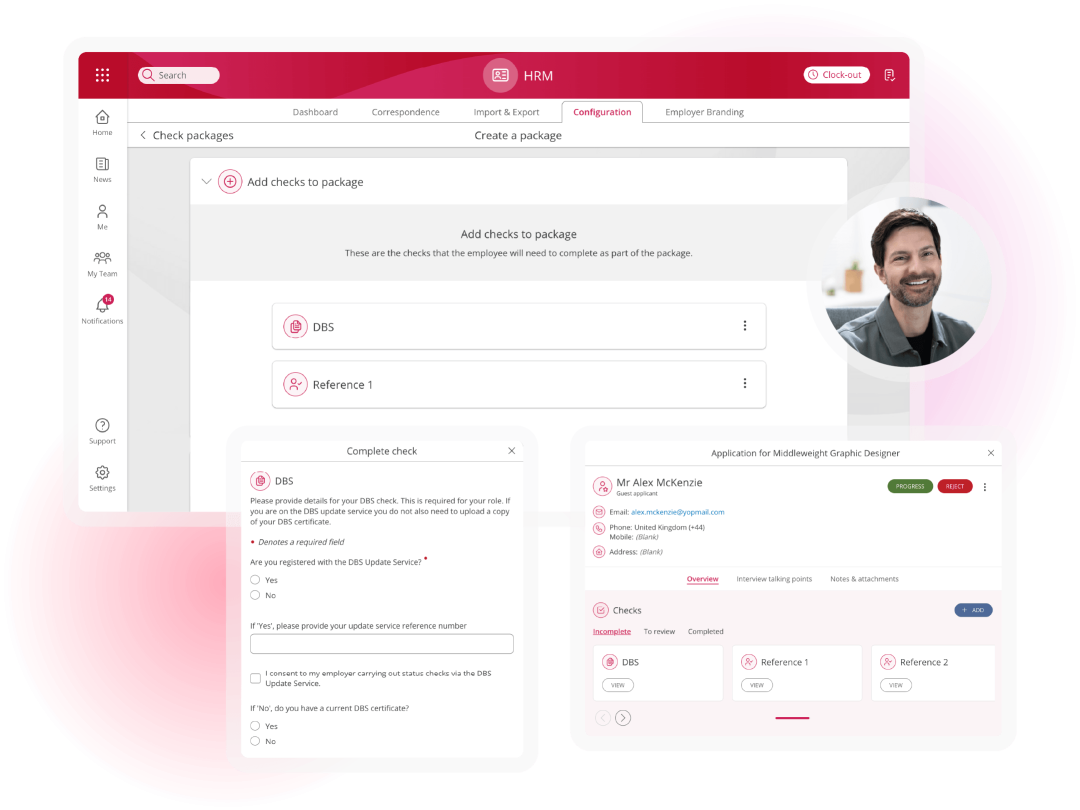 MHR background check software showing configurable DBS and reference checks for a job applicant