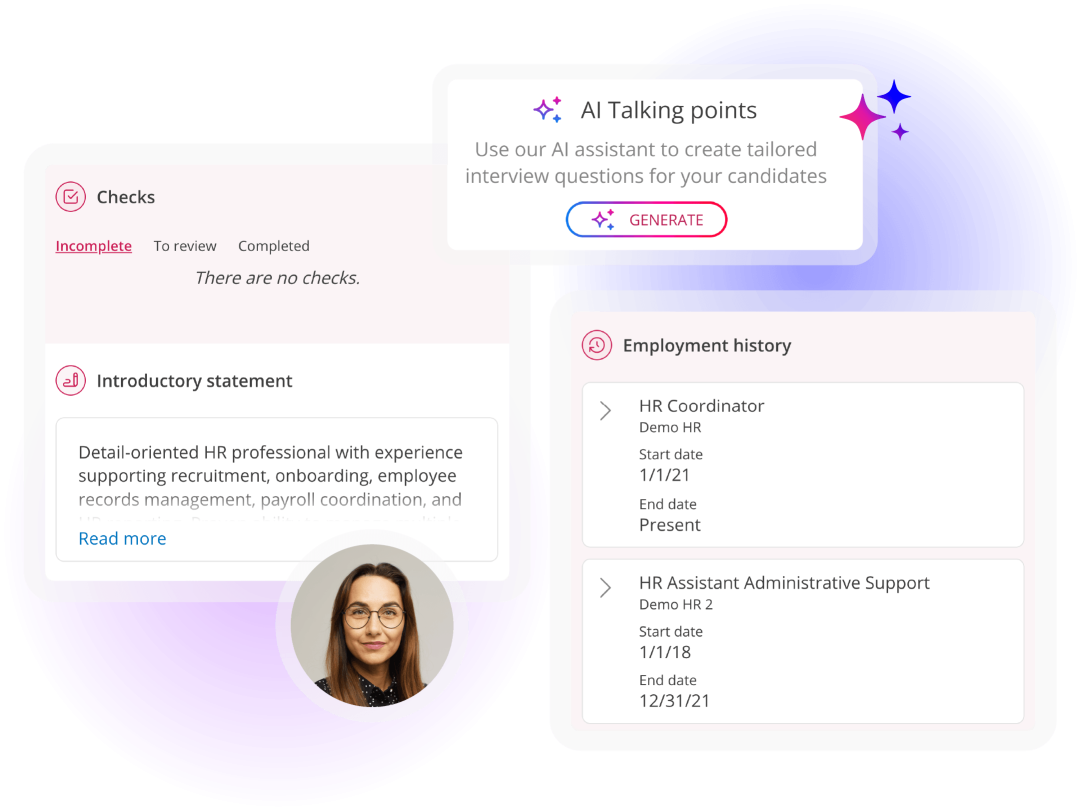 MHR background check software showing candidate employment history, background checks and AI-generated interview talking points