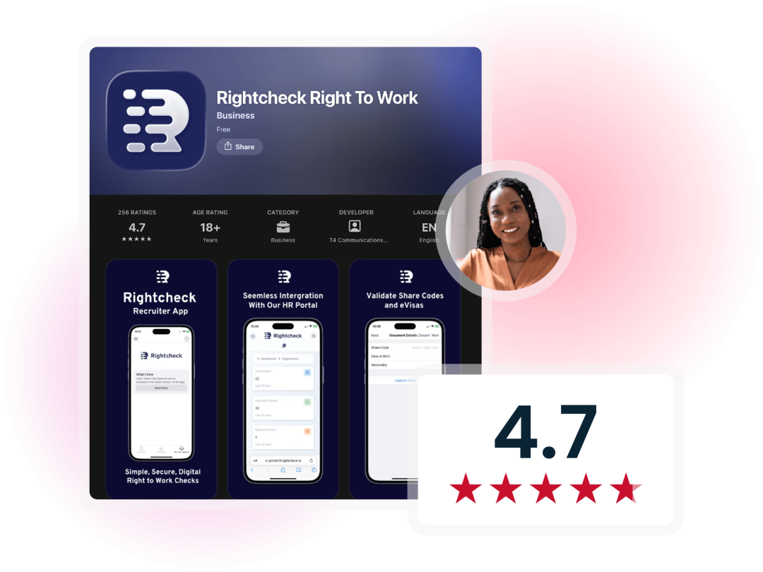 Rightcheck Right to Work app showing digital right-to-work checks and a 4.7-star app rating