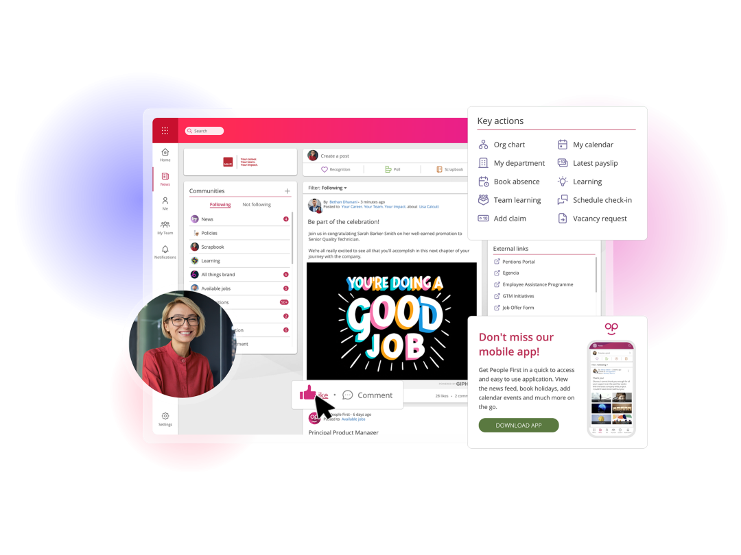 People First dashboard showcasing a news feed and workplace tools