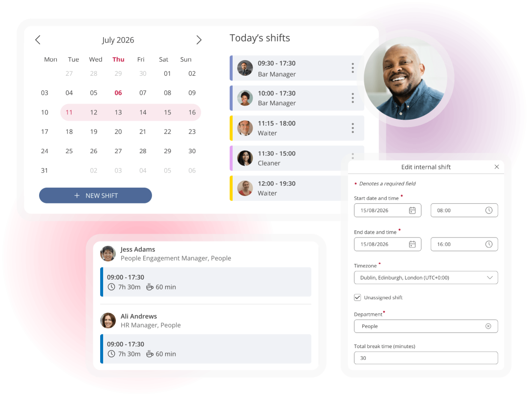 Employee scheduling interface showing a monthly calendar, daily shifts, employee shift details and an edit-shift form