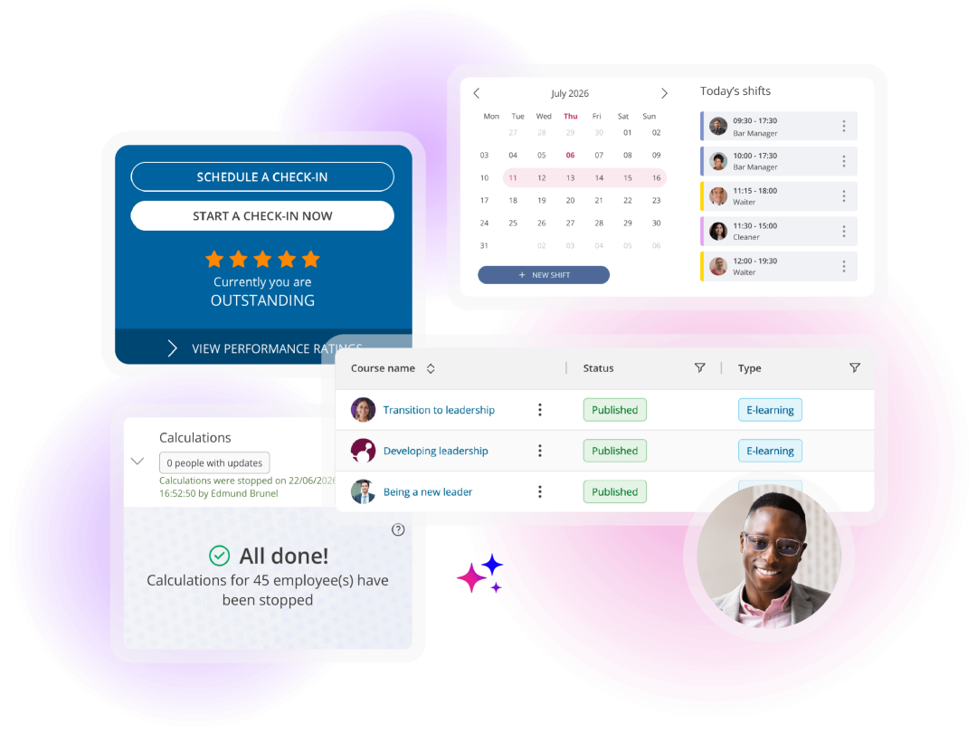 Timesheet software with employee management tools showing employee scheduling, performance check-ins, learning courses and payroll calculations