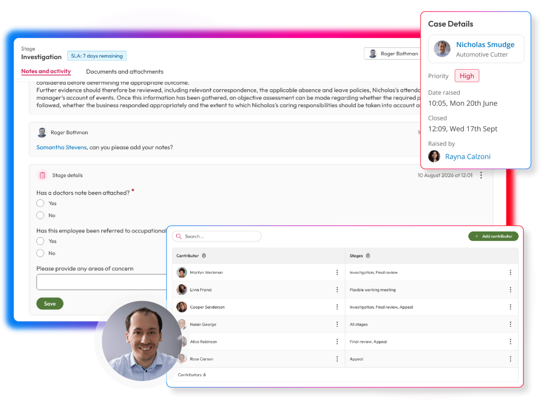 Employee relations investigation workspace combining case details, notes and activity, stage-specific questions and contributor assignments