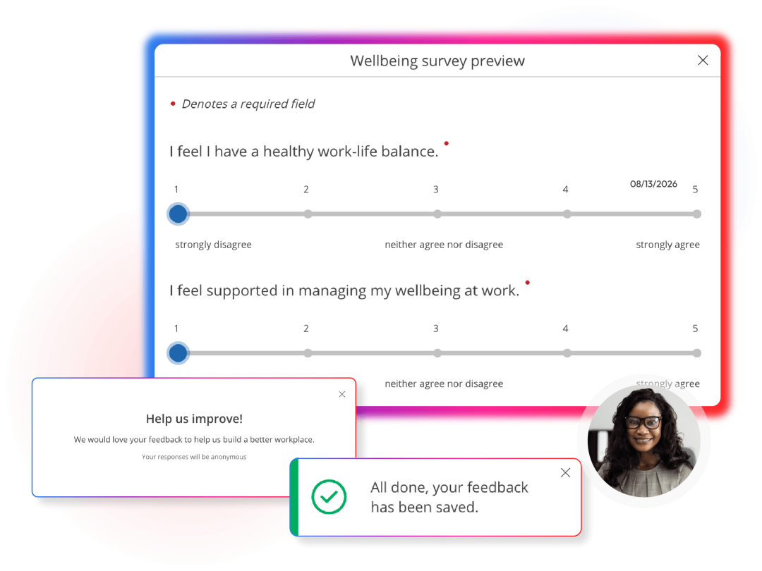 Screens demonstrating employee engagement in People First platform