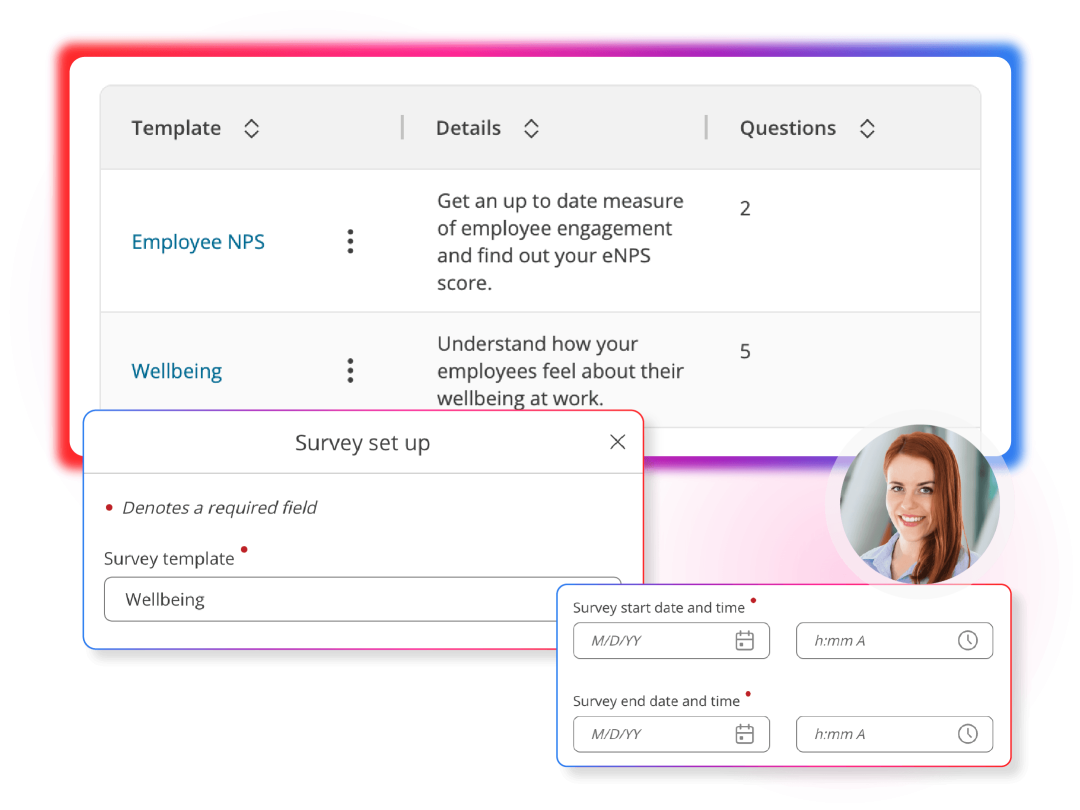 Screens demonstrating employee engagement in People First platform