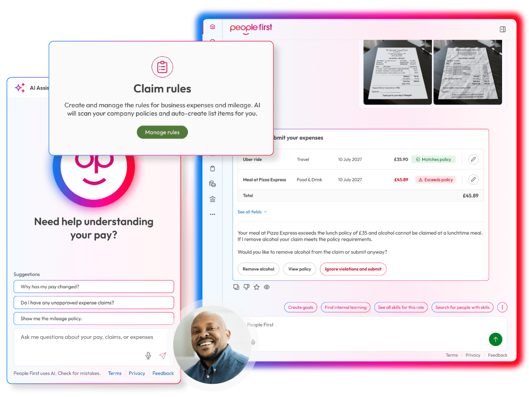 Screens to demonstrate expense management capabilities in People First platform