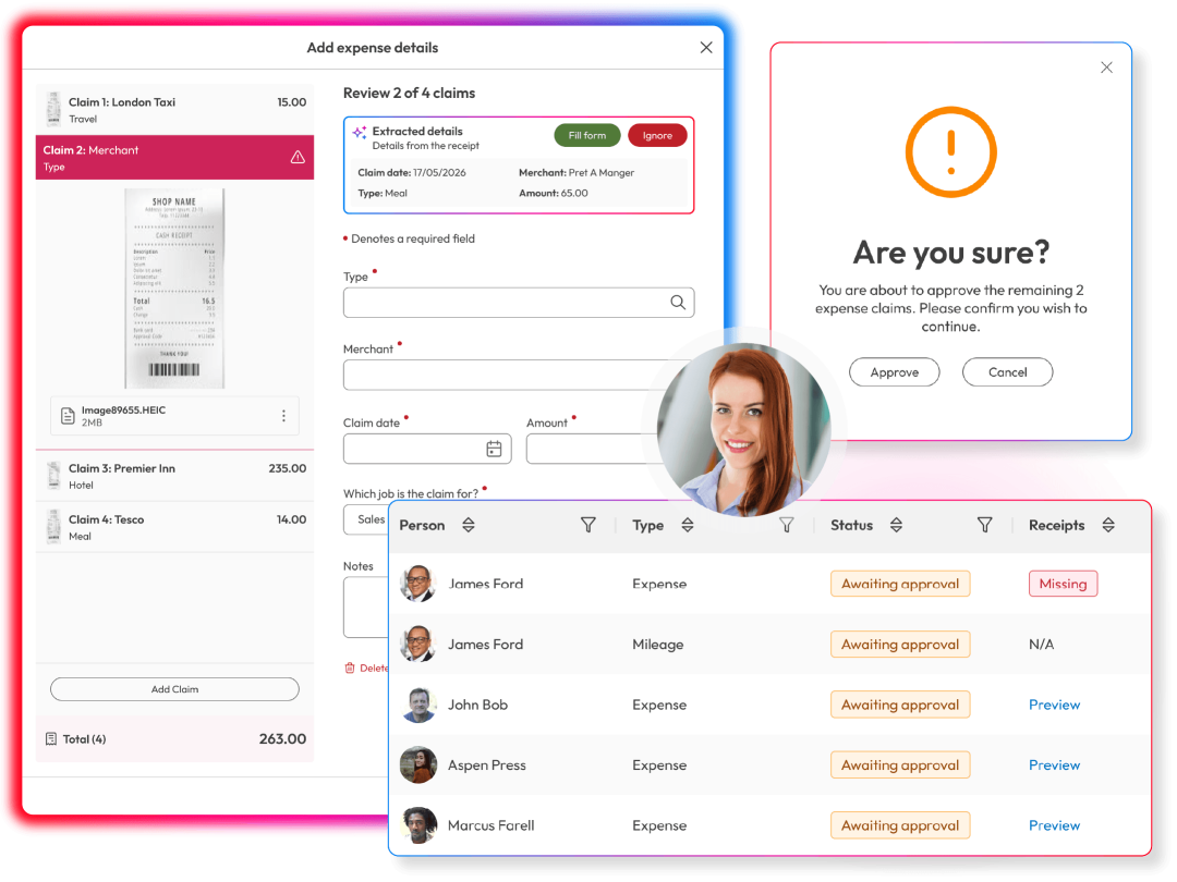 Screens to demonstrate expense management capabilities in People First platform