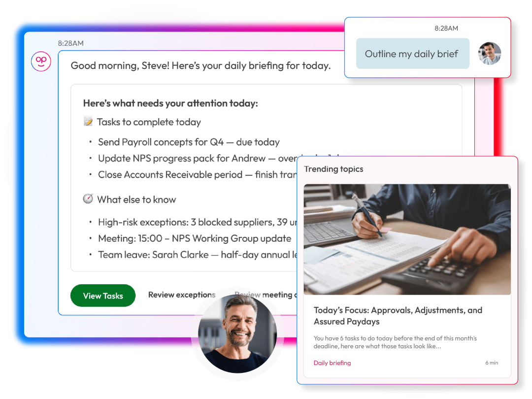 People First AI daily briefing highlighting tasks and business updates alongside trending content