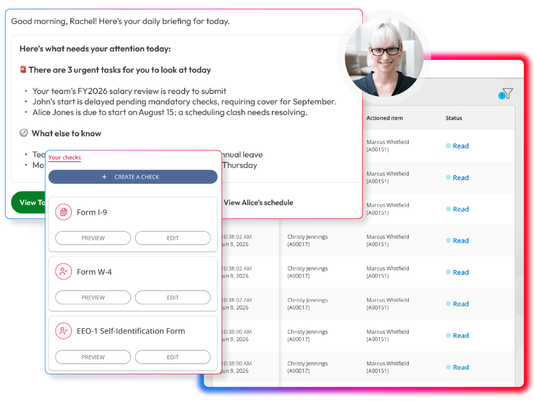 A People First daily briefing screen, a list of upcoming checks and a employee communications with read status
