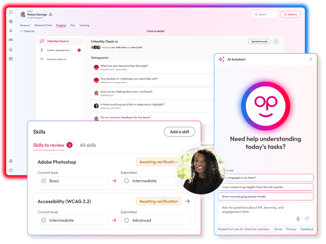 People First's AI-assistant with natural language questioning, career skills to review and personal check-in details