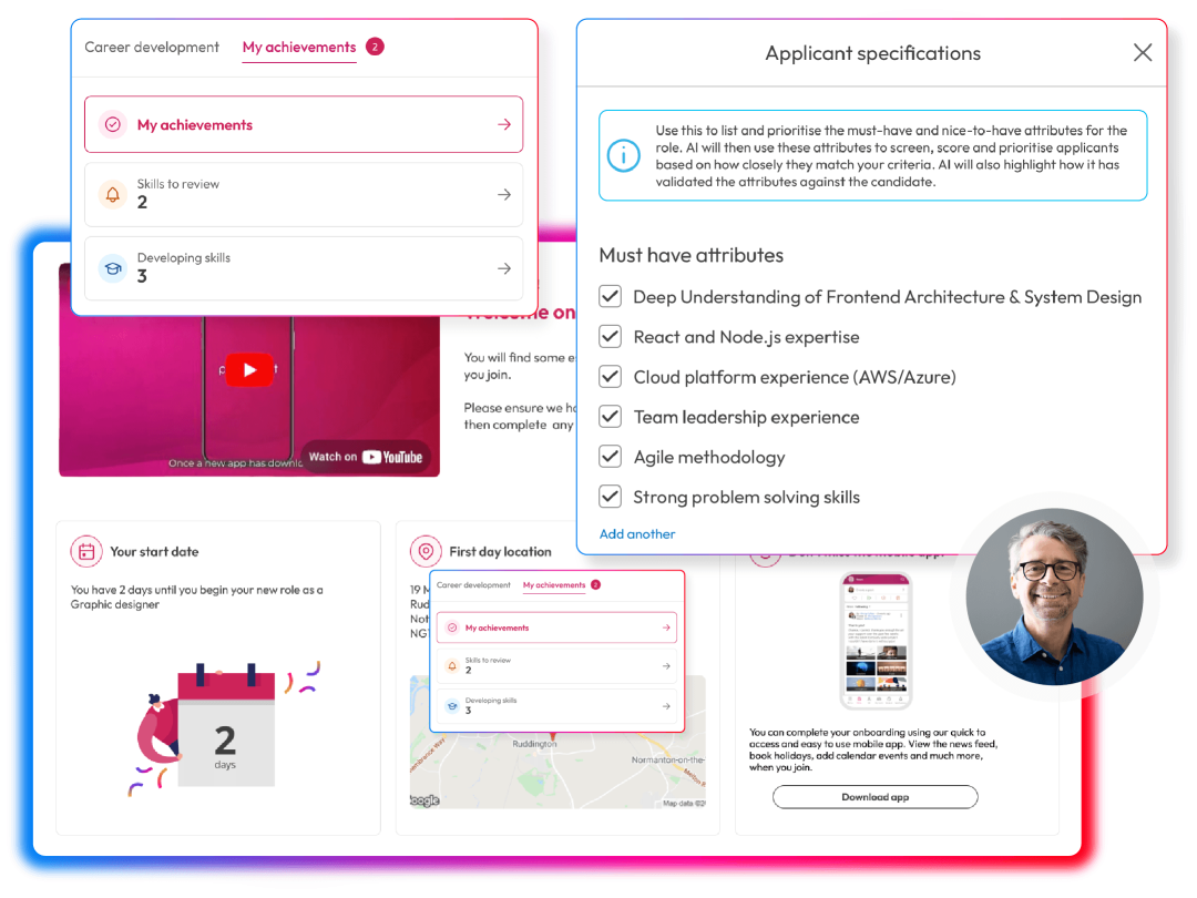 Screens to demonstrate HR capabilities within the People First platform