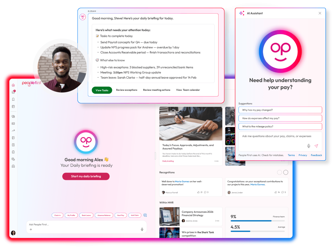 People First employee experience with personalised daily briefings and an AI assistant for questions about pay, claims and expenses