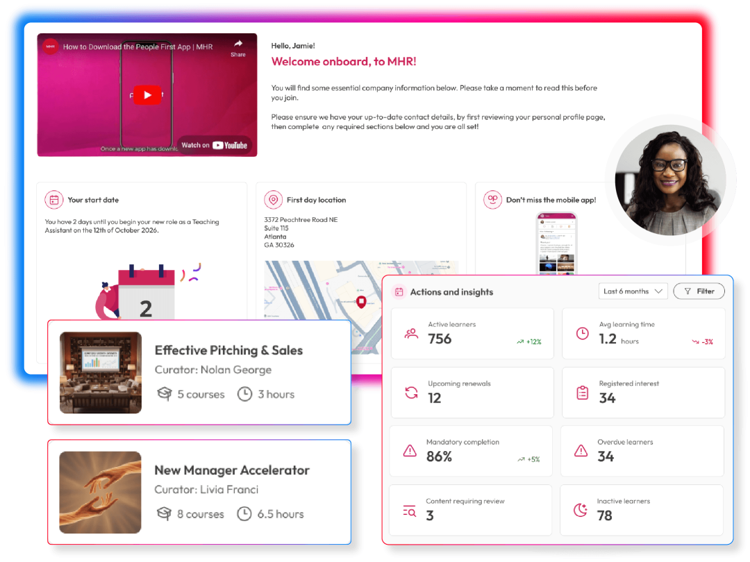 Screens demonstrating Learning features within People First platform