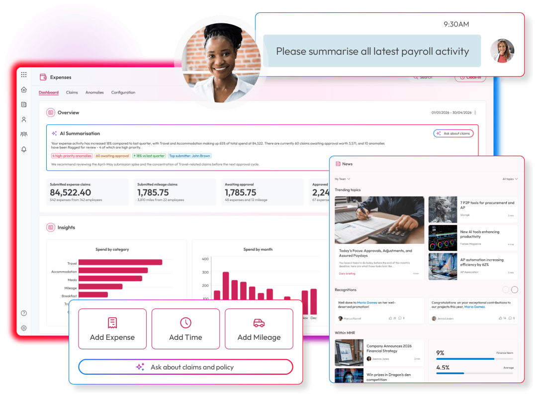 People First expenses dashboard combining AI-generated claims insights, expense reporting, payroll information and company updates