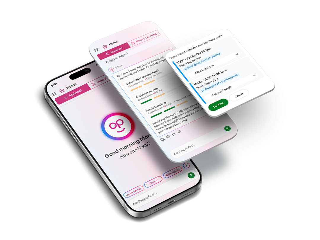 Layered visual of the People First platform and it's features on a mobile device