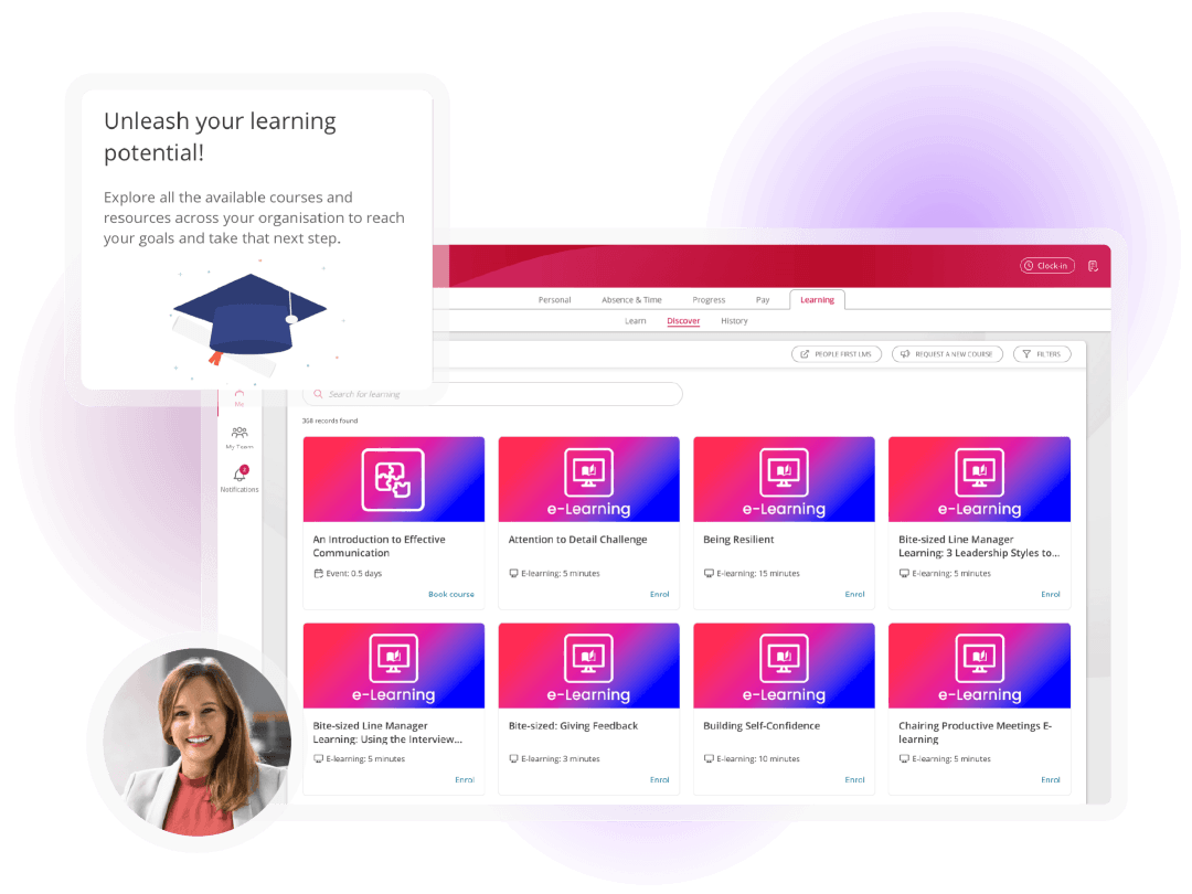 Employee learning catalogue showing searchable e-learning and event courses available for enrolment