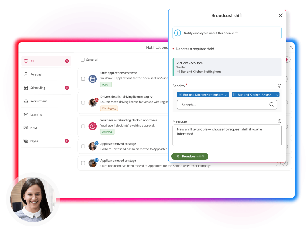 Screens demonstrating workforce management capabilities in People First platform
