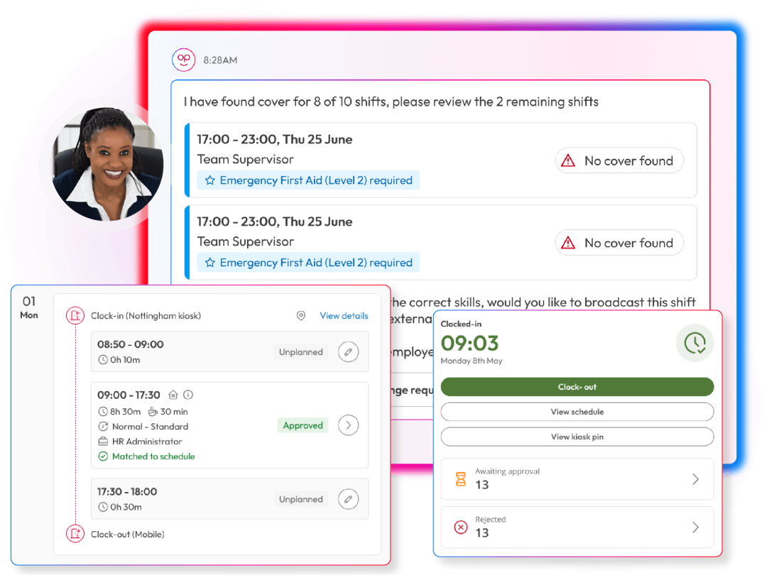 People First workforce tools combining AI-assisted shift cover with employee clock-in, attendance and schedule matching