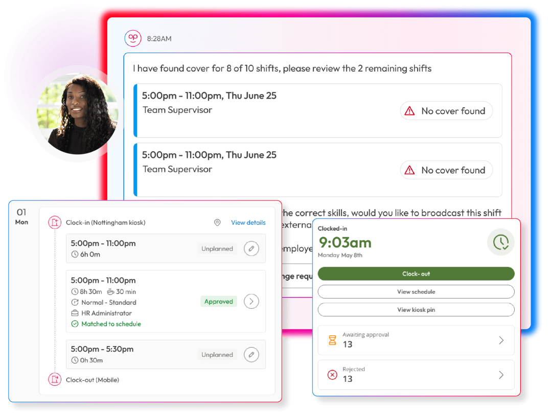 Screens demonstrating workforce management capabilities in People First platform