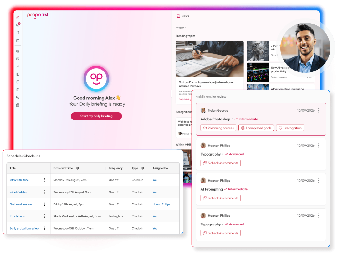 People First employee dashboard combining personalised daily briefings, scheduled check-ins and skills development reviews