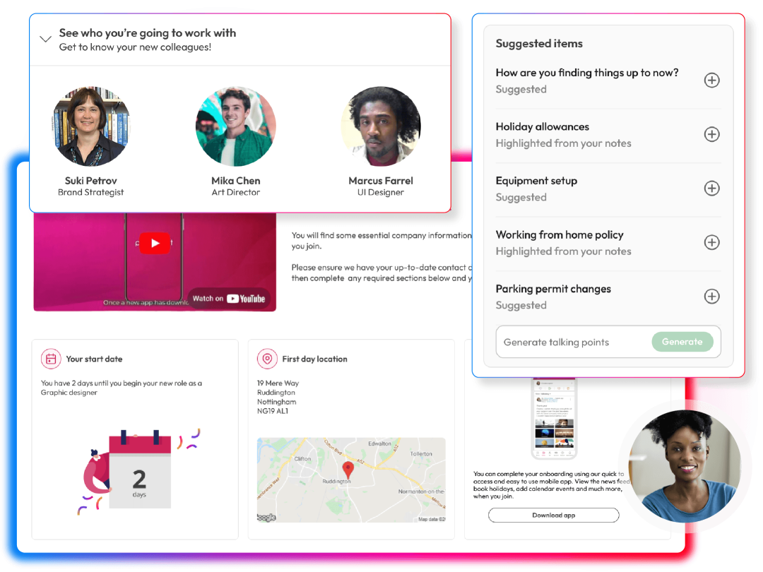 Employee onboarding experience introducing new colleagues, start date information, workplace location and suggested check-in topics
