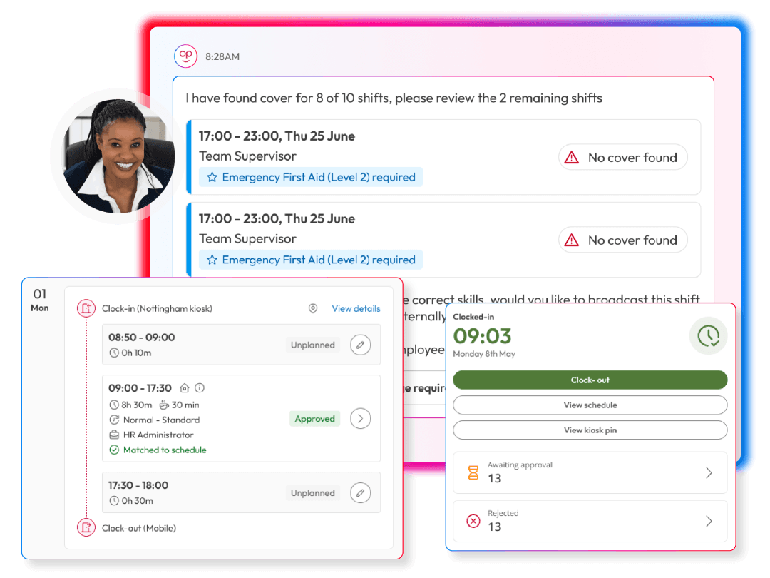 People First workforce tools combining AI-assisted shift cover with employee clock-in, attendance and schedule matching