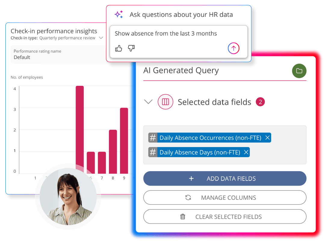 Screens demonstrating reporting and analytics features in People First