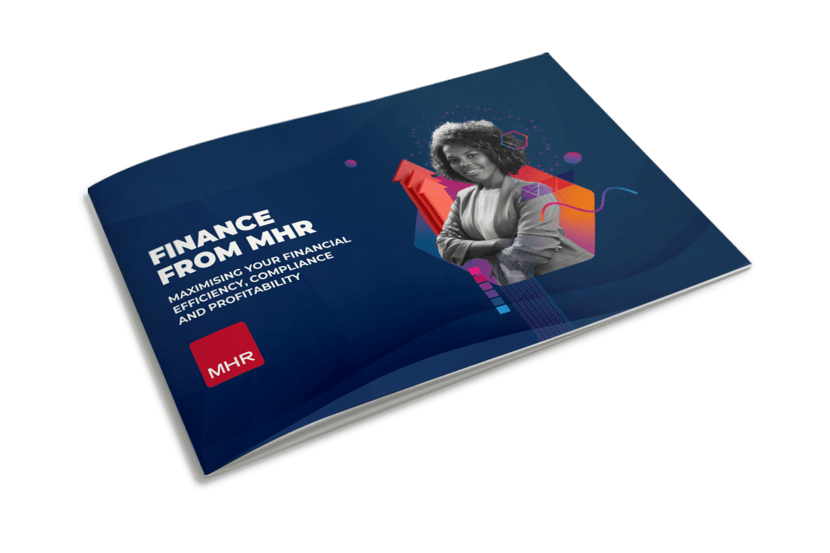 Front cover image of the finance from MHR brochure. Showing a woman crossing her arms surrounded by graphs going up.